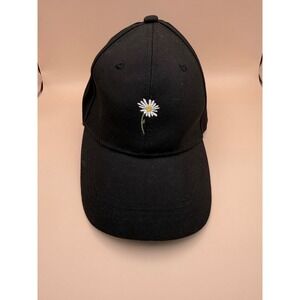 Black Cotton Baseball Cap Daisy Flower Embroidered Adjustable Strap Hat Womens